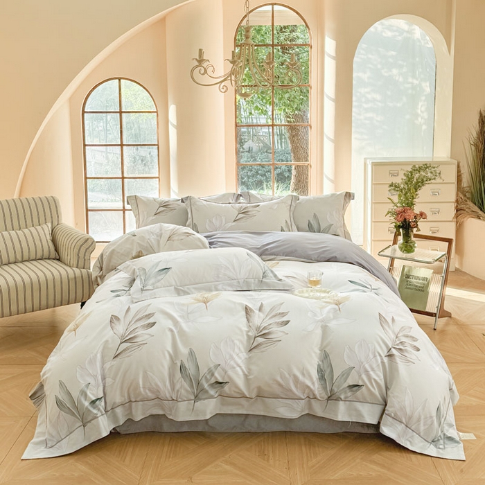 91家纺网 家纺一手货源 找家纺 7V 2025新款轻奢大宽边100%纯棉四件套133*76全棉喷气宽幅长绒棉被套床单床笠套件 醒春集-灰