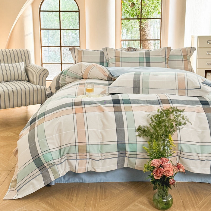 91家纺网 家纺一手货源 找家纺 7V 2025新款轻奢大宽边100%纯棉四件套133*76全棉喷气宽幅长绒棉被套床单床笠套件 乐悠闲