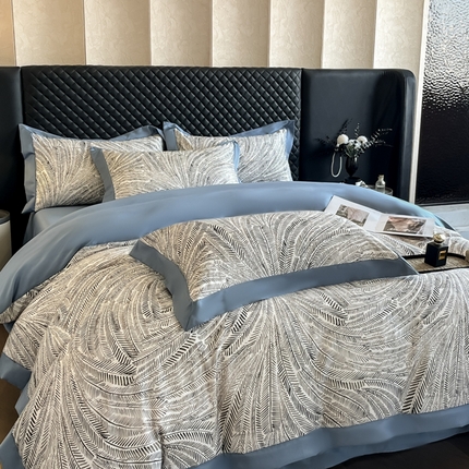 首尔2025新款宽边数码冰丝四件套 孔雀舞蓝