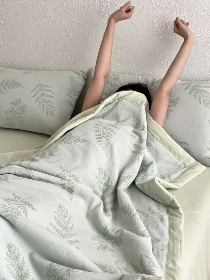 91家纺网 家纺一手货源 找家纺 吾诺 2025 全棉色织提花三层纱夏被四件套全棉夏被大豆夏被夏凉被空调被子被芯 花影-绿
