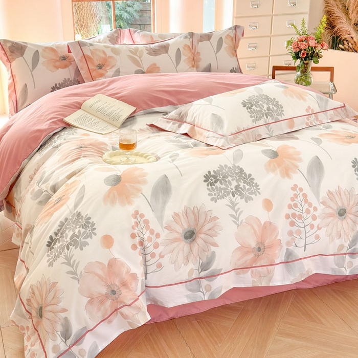 91家纺网 家纺一手货源 找家纺 7V 2025新款轻奢大宽边100%纯棉四件套133*76全棉喷气宽幅长绒棉被套床单床笠套件 春景-粉