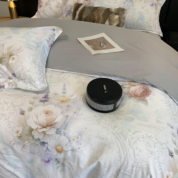 91家纺网 家纺一手货源 找家纺 莱豫家纺 2025新款50支长绒棉数码印花四件套 花胭晚桥