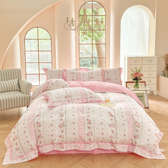 91家纺网 家纺一手货源 找家纺 7V 2025新款轻奢大宽边100%纯棉四件套133*76全棉喷气宽幅长绒棉被套床单床笠套件 沐遇玫瑰