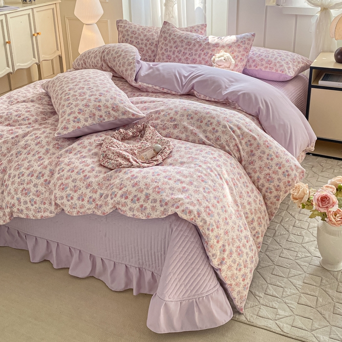 91家纺网 家纺一手货源 找家纺 一比一家纺 2025新款针织双层纱床盖四件套 春天里