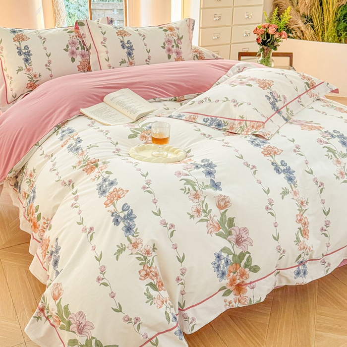 91家纺网 家纺一手货源 找家纺 7V 2025新款轻奢大宽边100%纯棉四件套133*76全棉喷气宽幅长绒棉被套床单床笠套件 眷恋