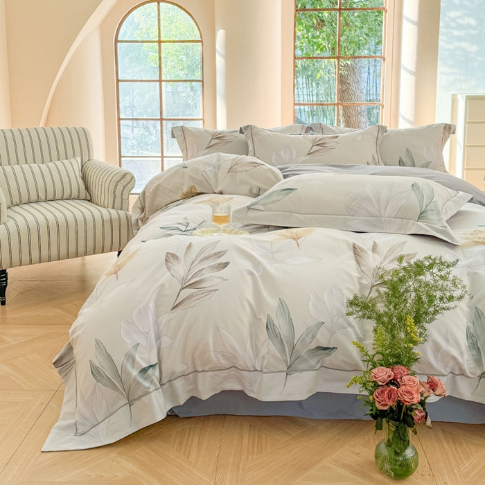 91家纺网 家纺一手货源 找家纺 7V 2025新款轻奢大宽边100%纯棉四件套133*76全棉喷气宽幅长绒棉被套床单床笠套件 醒春集-灰