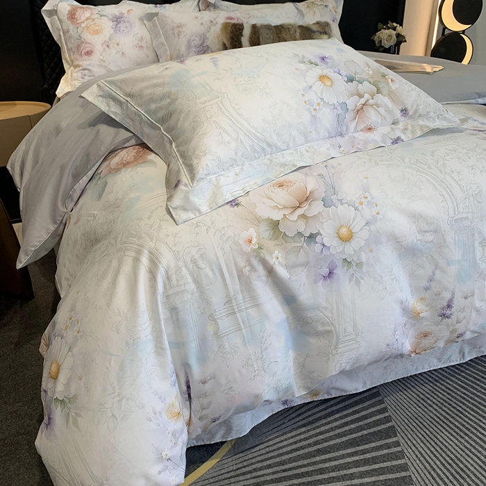 91家纺网 家纺一手货源 找家纺 莱豫家纺 2025新款50支长绒棉数码印花四件套 花胭晚桥