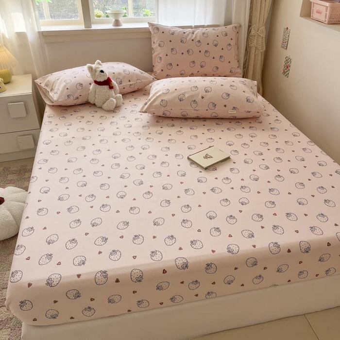 91家纺网 家纺一手货源 找家纺 新印象2025新款直角纯棉老粗布套件 床笠款 老粗布-草莓粉