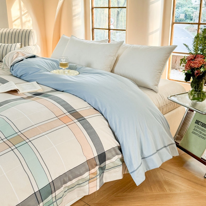 91家纺网 家纺一手货源 找家纺 7V 2025新款轻奢大宽边100%纯棉四件套133*76全棉喷气宽幅长绒棉被套床单床笠套件 乐悠闲