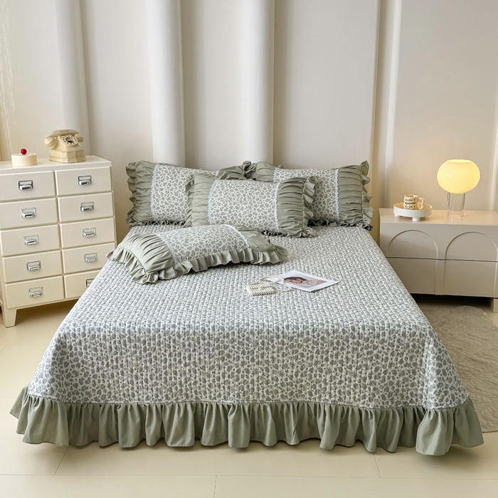 91家纺网 家纺一手货源 找家纺 晨晨 2025春夏新款针织双层纱韩版床盖四件套 茉莉青提