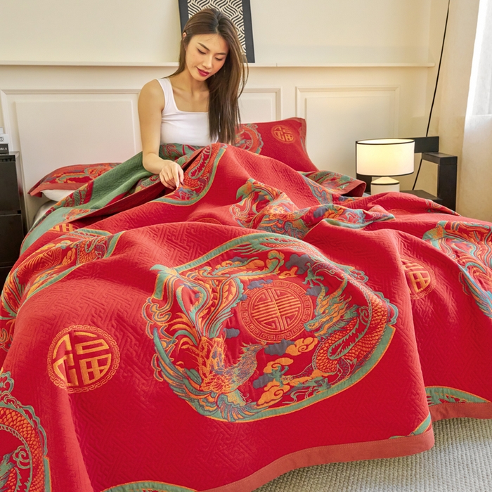 91家纺网 家纺一手货源 找家纺 棠薇家纺 2025新款60S长绒棉纯棉纱布毛巾被 龙凤呈祥