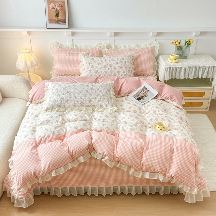 91家纺网 家纺一手货源 找家纺 晨晨家纺 2025新款皱皱纱棉拼色床盖四件套 繁花