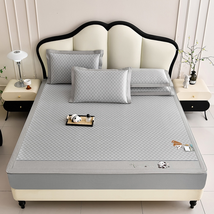 91家纺网 家纺一手货源 找家纺 小牛席业 2025新款棋盘格-熊猫凉感冰丝席系列（床笠款） 灰色