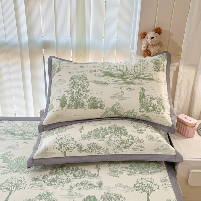 91家纺网 家纺一手货源 找家纺 川悦生活 2025新款600D立体宽边冰丝印花凉席 复古欧庭-绿