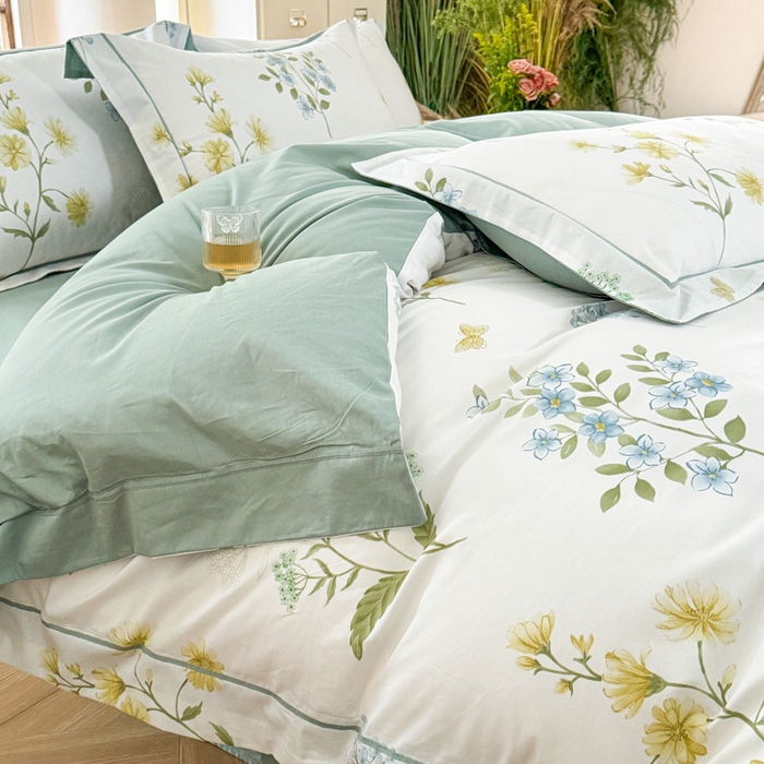 91家纺网 家纺一手货源 找家纺 7V 2025新款轻奢大宽边100%纯棉四件套133*76全棉喷气宽幅长绒棉被套床单床笠套件 浣溪花-米