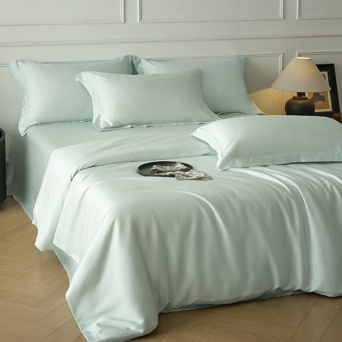 91家纺网 家纺一手货源 找家纺 涵宸2025新款天丝-天丝棉-纯色四件套-场景1 空绿