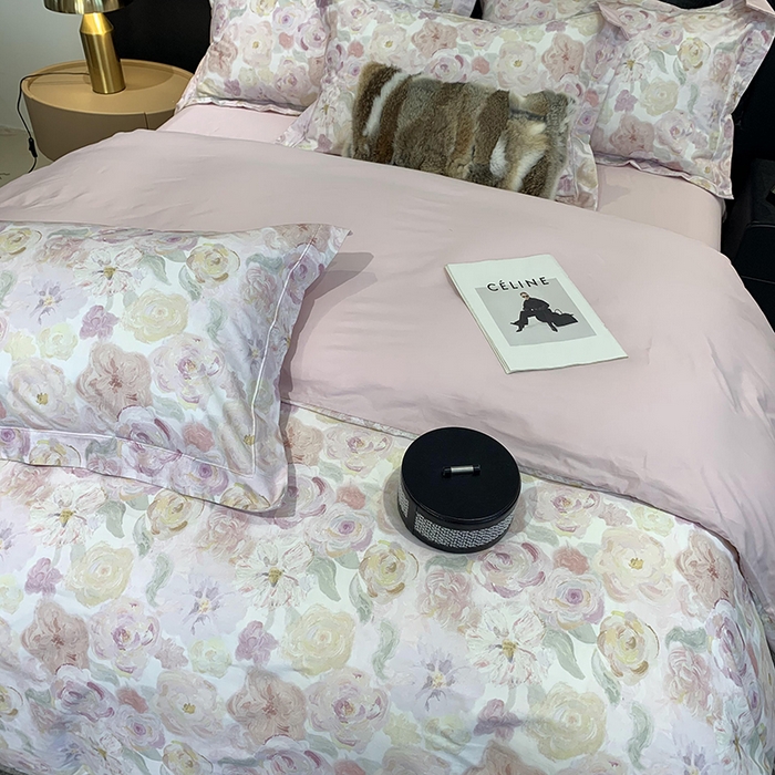 91家纺网 家纺一手货源 找家纺 莱豫家纺 2025新款50支长绒棉数码印花四件套 如梦花季