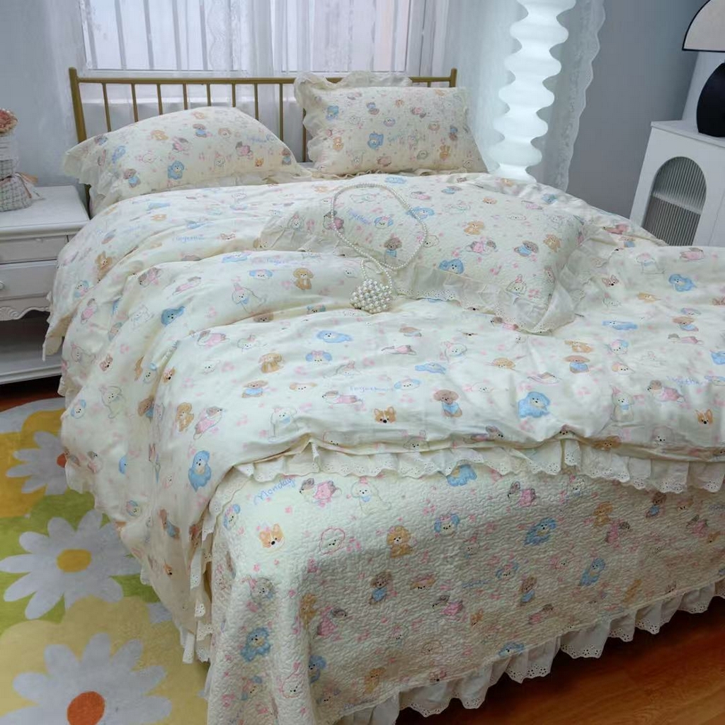 91家纺网 家纺一手货源 找家纺 暖居 2025春夏款高温砂洗棉花床盖三件套被套四件套同款纯棉夏被空调被四季 泡芙小奶狗