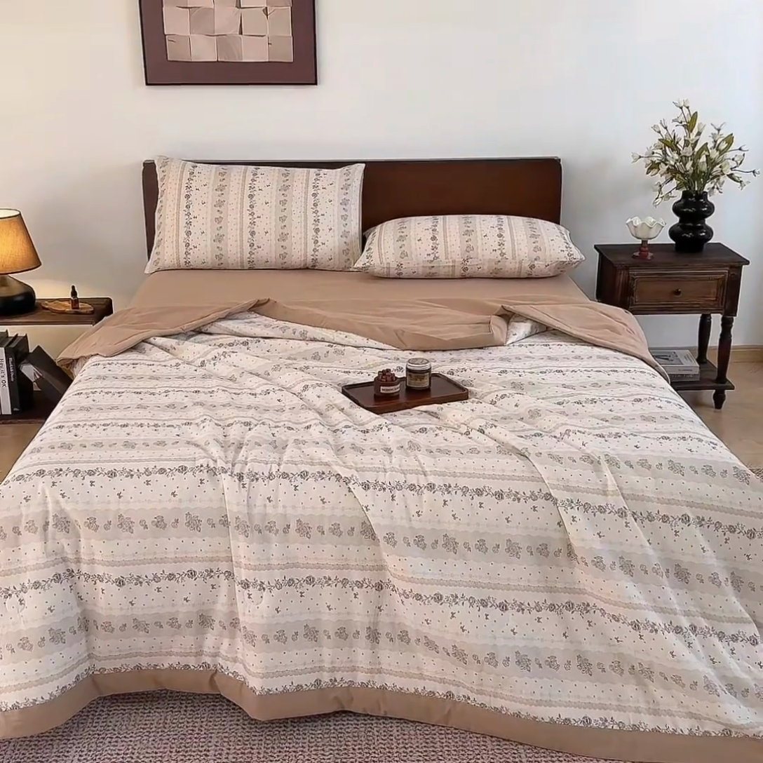 91家纺网 家纺一手货源 找家纺 吾诺 2025 全棉印花单层纱大豆夏被四件套夏凉被空调被子被芯全棉夏被 恬美