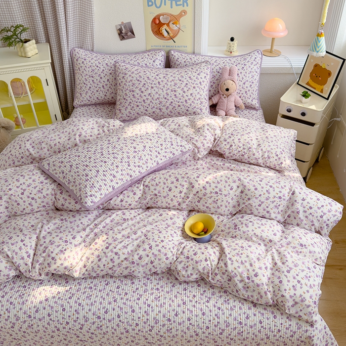 91家纺网 家纺一手货源 找家纺 赫梵茜 2025新款有氧针织双层纱单床盖床盖三件套床盖四件套 花语-紫