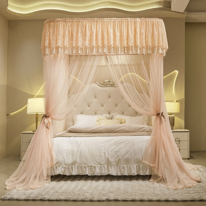 91家纺网 家纺一手货源 找家纺 夏彩 2025新款绣花加柔加密铝合金接口高度可调节轨道蚊帐88620 88620杏色