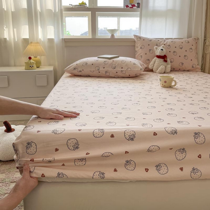 91家纺网 家纺一手货源 找家纺 新印象2025新款直角纯棉老粗布套件 床笠款 老粗布-草莓粉