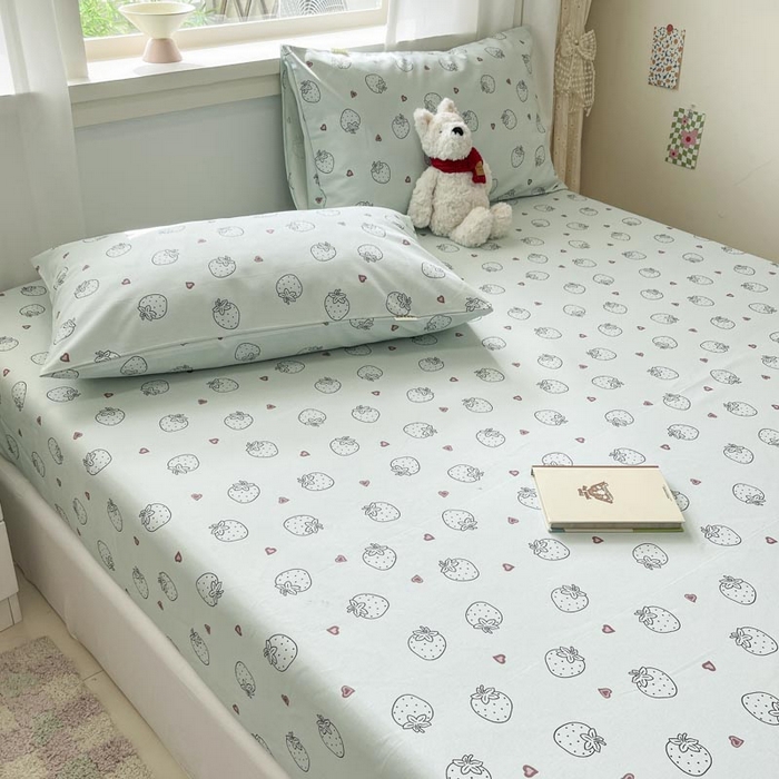 91家纺网 家纺一手货源 找家纺 新印象2025新款直角纯棉老粗布套件 床笠款 老粗布-草莓蓝 (