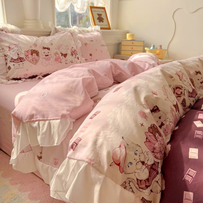 91家纺网 家纺一手货源 找家纺 浩诚 2025新款洛丽塔纯棉花边款四件套 草莓巧克力