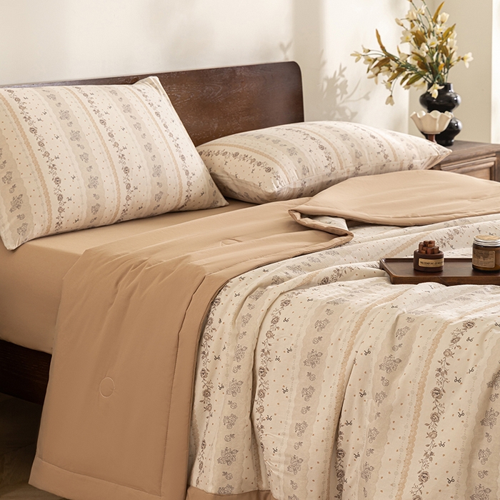 91家纺网 家纺一手货源 找家纺 吾诺 2025 全棉印花单层纱大豆夏被四件套夏凉被空调被子被芯全棉夏被 恬美