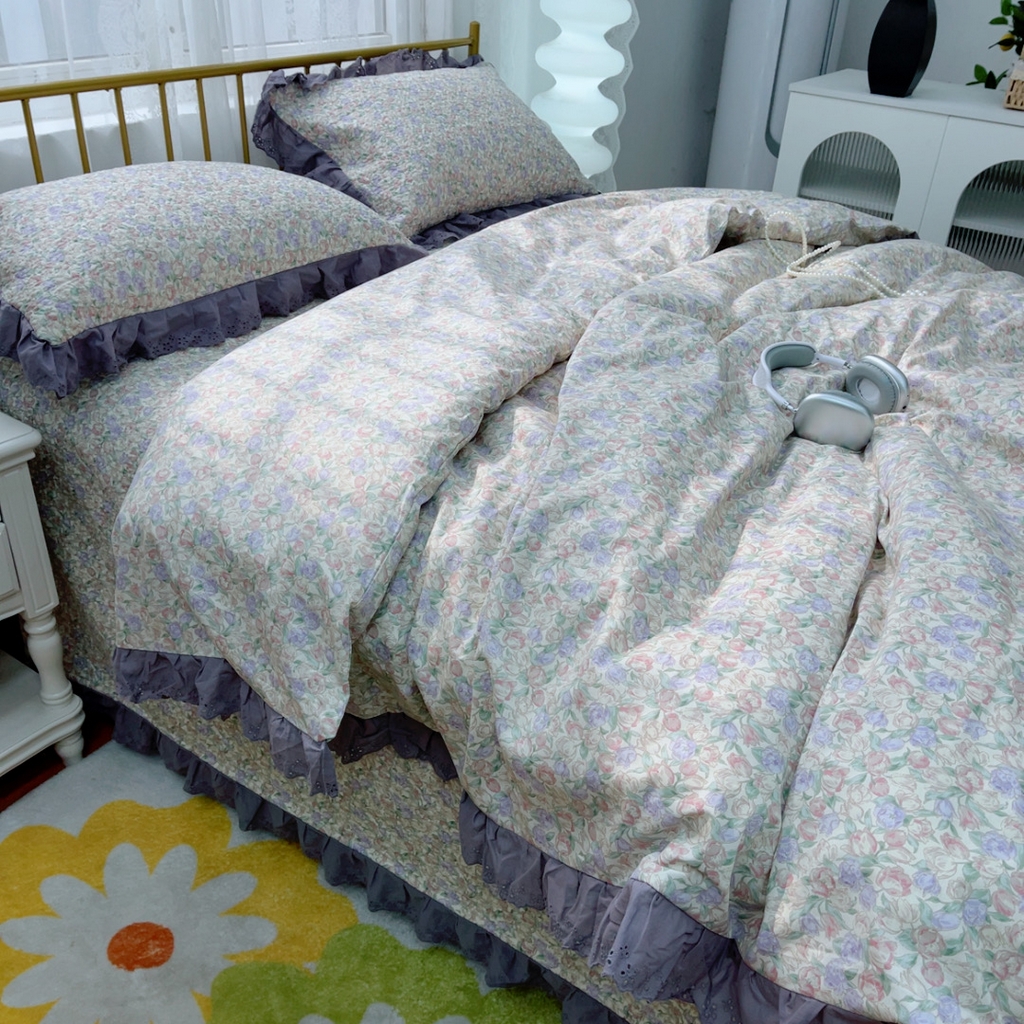 91家纺网 家纺一手货源 找家纺 暖居 2025春夏款高温砂洗棉花床盖三件套被套四件套同款纯棉夏被空调被四季 紫韵