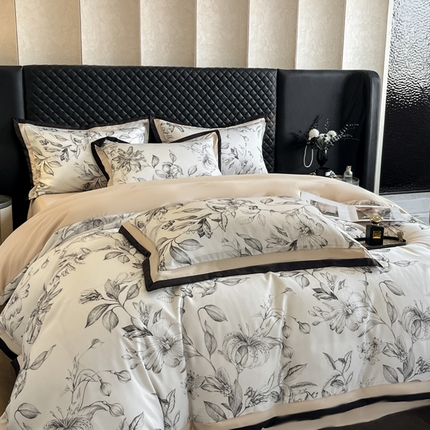 91家纺网 家纺一手货源 找家纺 首尔2025新款宽边数码冰丝四件套 石榴花咖