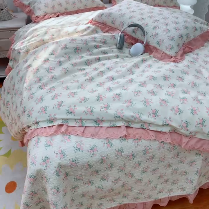 91家纺网 家纺一手货源 找家纺 暖居 2025春夏款高温砂洗棉花床盖三件套被套四件套同款纯棉夏被空调被四季 茉莉