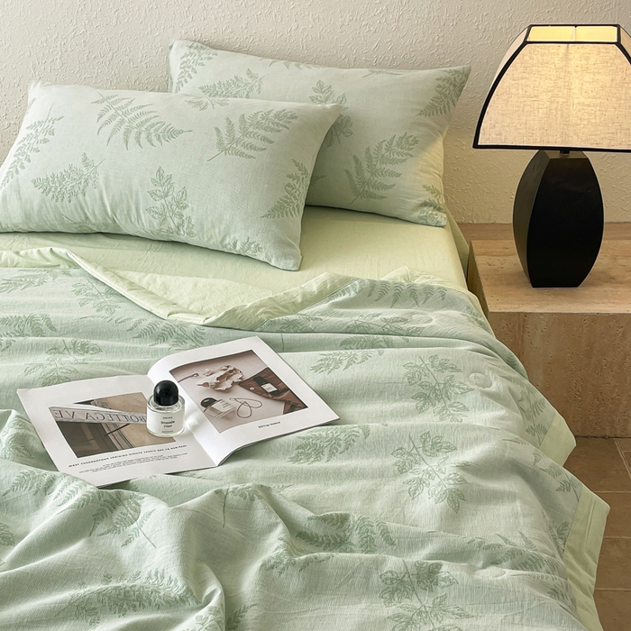 91家纺网 家纺一手货源 找家纺 吾诺 2025 全棉色织提花三层纱夏被四件套全棉夏被大豆夏被夏凉被空调被子被芯 花影-绿