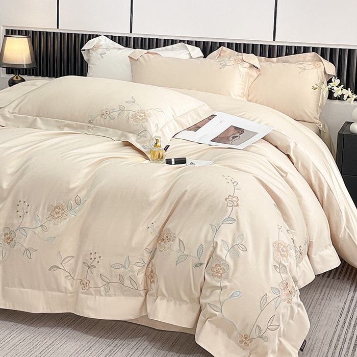 91家纺网 家纺一手货源 找家纺 2025新款春夏新款A类长绒棉全工艺刺绣四件套纯棉全棉轻奢风直播高端床上用品 蔓艺-奶杏