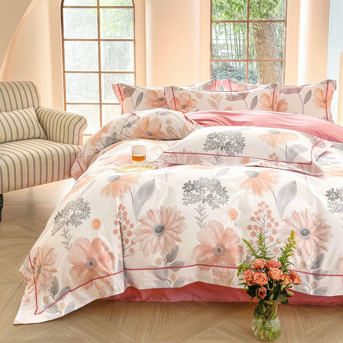 91家纺网 家纺一手货源 找家纺 7V 2025新款轻奢大宽边100%纯棉四件套133*76全棉喷气宽幅长绒棉被套床单床笠套件 春景-粉