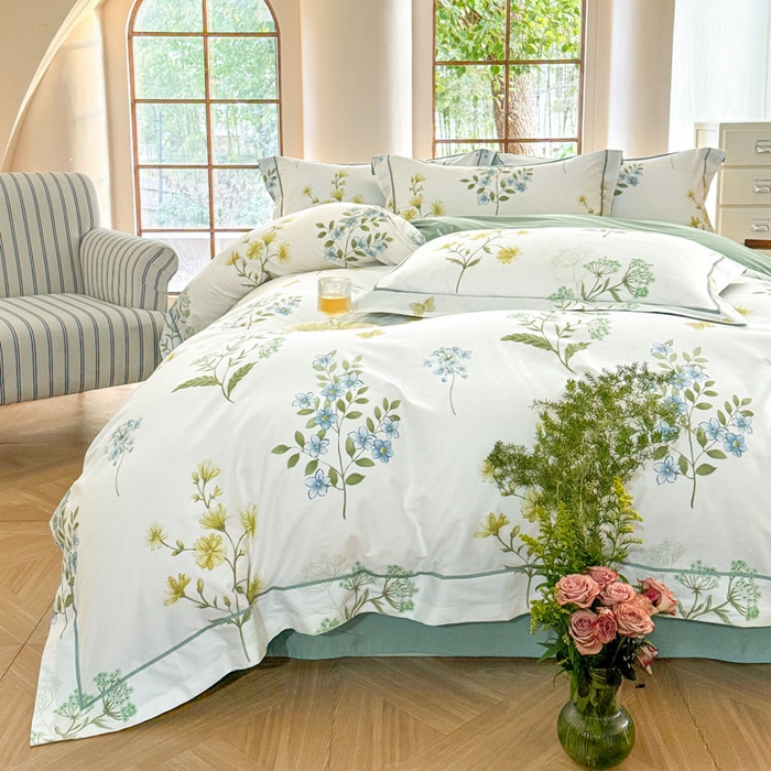 91家纺网 家纺一手货源 找家纺 7V 2025新款轻奢大宽边100%纯棉四件套133*76全棉喷气宽幅长绒棉被套床单床笠套件 浣溪花-米