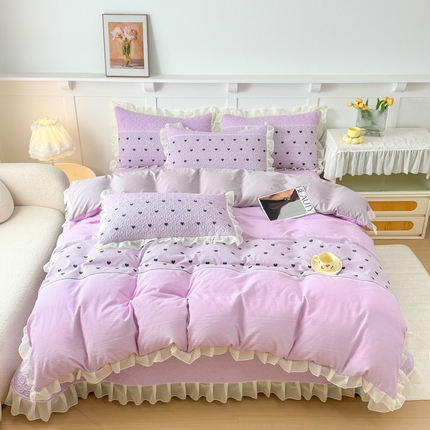 晨晨家纺 2025新款皱皱纱棉拼色床盖四件套 心相印-紫