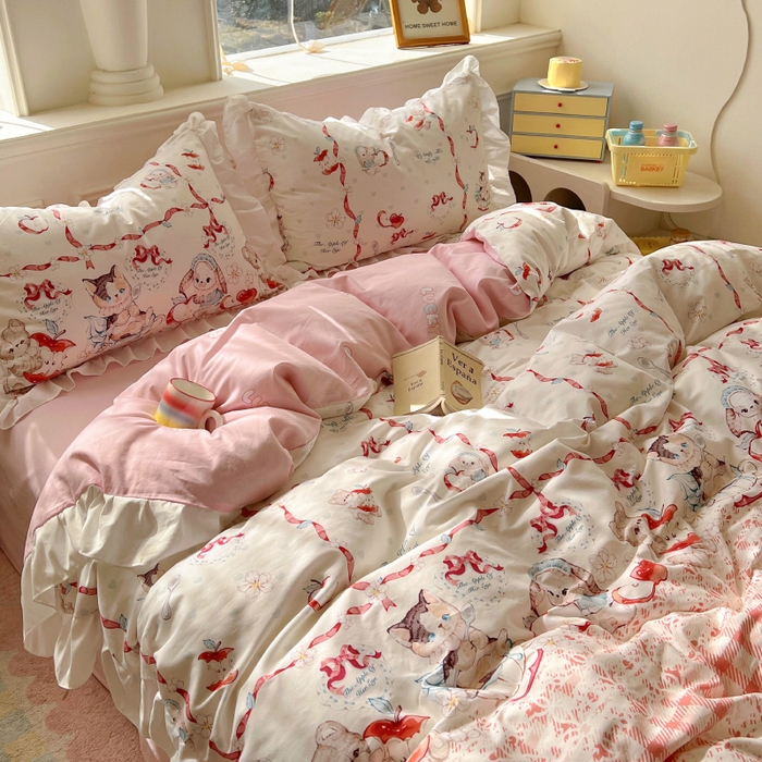 91家纺网 家纺一手货源 找家纺 浩诚 2025新款洛丽塔纯棉花边款四件套 苹果派