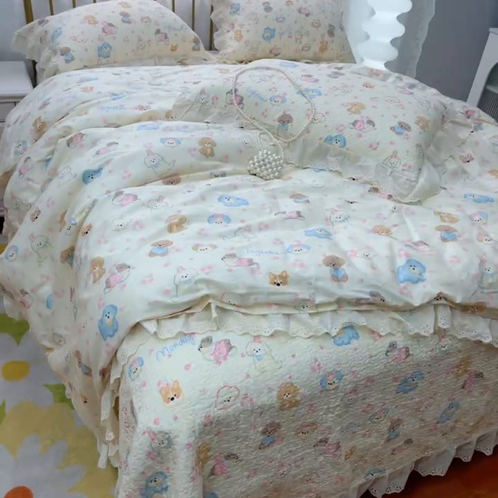 91家纺网 家纺一手货源 找家纺 暖居 2025春夏款高温砂洗棉花床盖三件套被套四件套同款纯棉夏被空调被四季 泡芙小奶狗