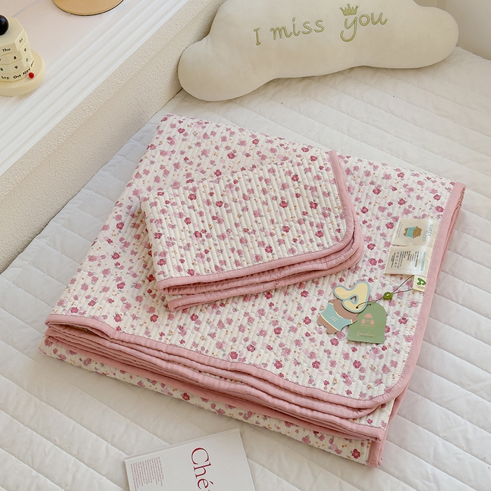 91家纺网 家纺一手货源 找家纺 赫梵茜 2025新款有氧针织双层纱单床盖床盖三件套床盖四件套 花语-粉