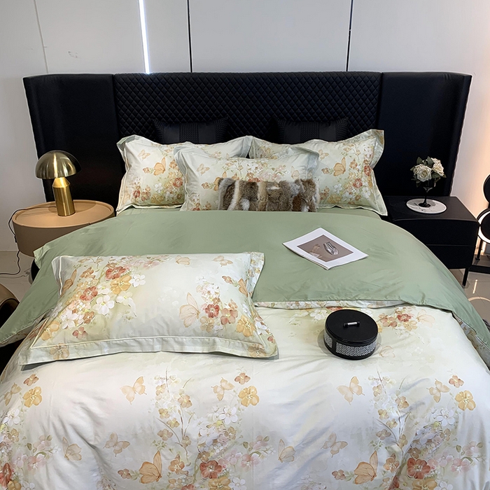 91家纺网 家纺一手货源 找家纺 莱豫家纺 2025新款50支长绒棉数码印花四件套 蝶漫