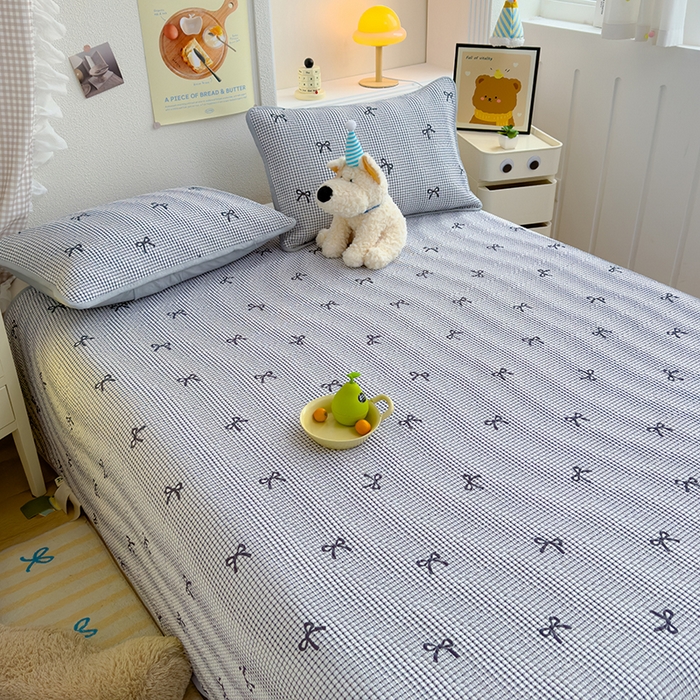 91家纺网 家纺一手货源 找家纺 赫梵茜 2025新款有氧针织双层纱单床盖床盖三件套床盖四件套 格子蝴蝶结