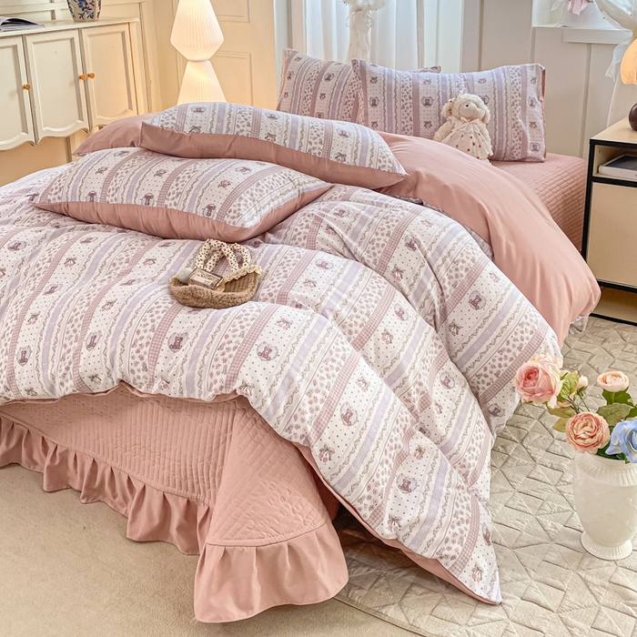 91家纺网 家纺一手货源 找家纺 一比一家纺 2025新款针织双层纱床盖四件套 格林童话