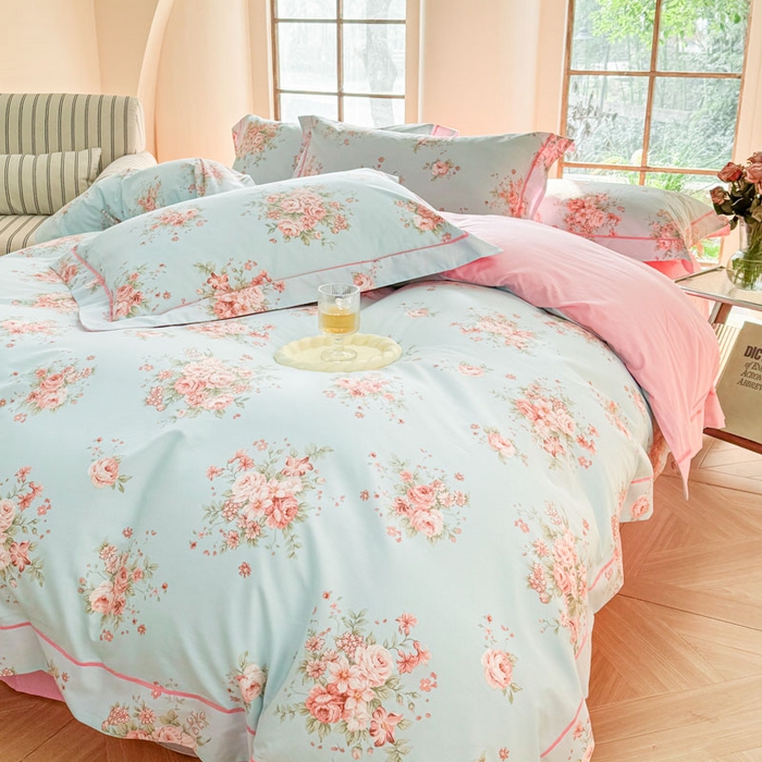 91家纺网 家纺一手货源 找家纺 7V 2025新款轻奢大宽边100%纯棉四件套133*76全棉喷气宽幅长绒棉被套床单床笠套件 花之茵