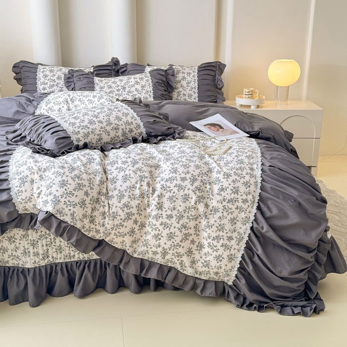 91家纺网 家纺一手货源 找家纺 晨晨 2025春夏新款针织双层纱韩版床盖四件套 萱花-灰