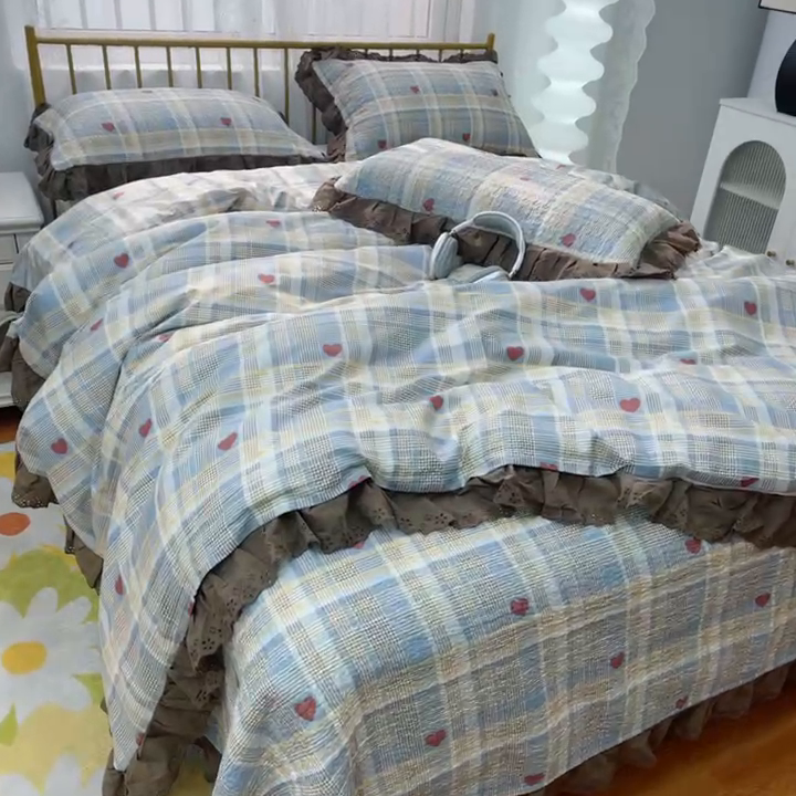 91家纺网 家纺一手货源 找家纺 暖居 2025春夏款高温砂洗棉花床盖三件套被套四件套同款纯棉夏被空调被四季 莱恩蓝色