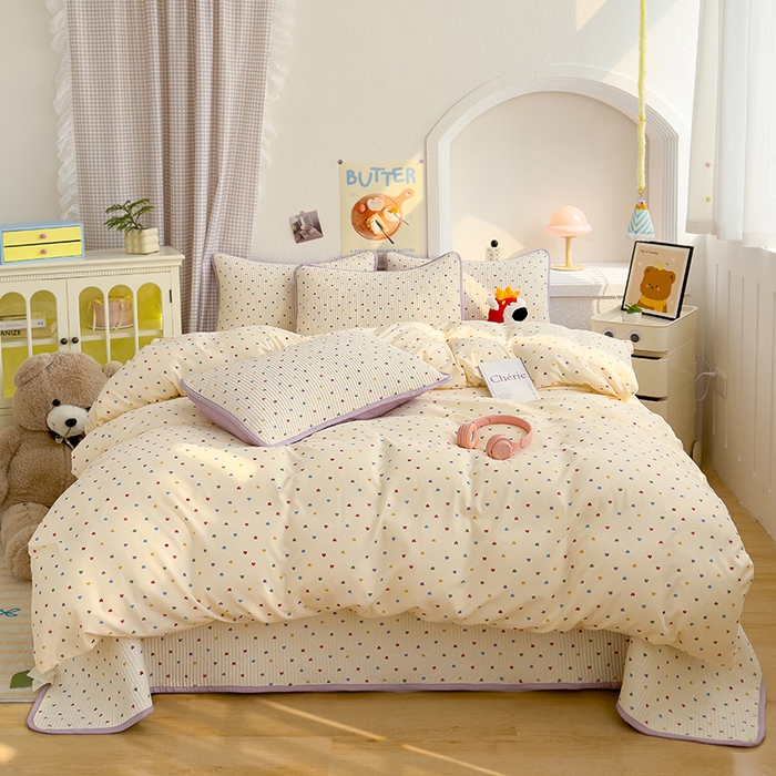 91家纺网 家纺一手货源 找家纺 赫梵茜 2025新款有氧针织双层纱单床盖床盖三件套床盖四件套 彩色心心