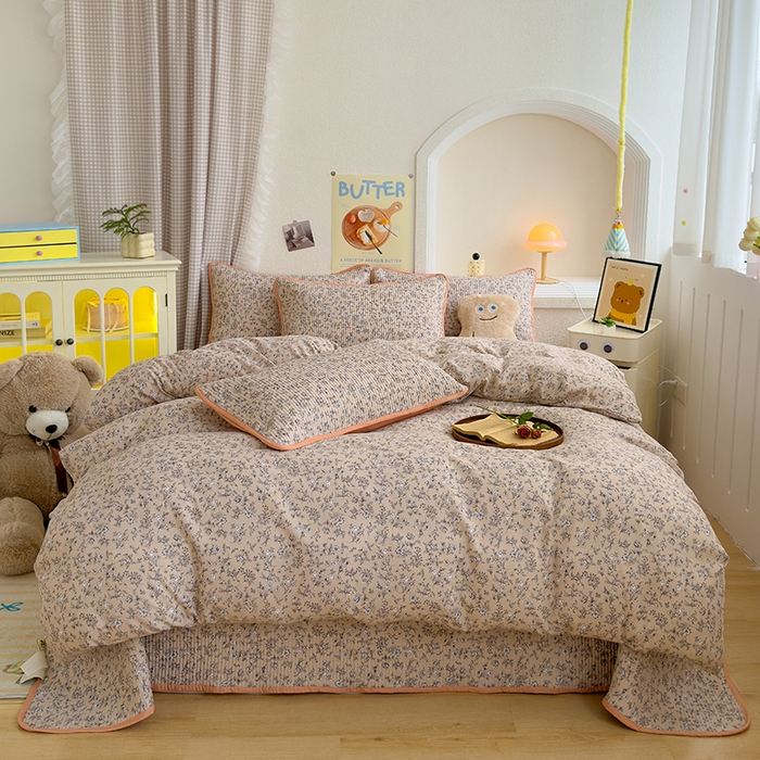 91家纺网 家纺一手货源 找家纺 赫梵茜 2025新款有氧针织双层纱单床盖床盖三件套床盖四件套 美式