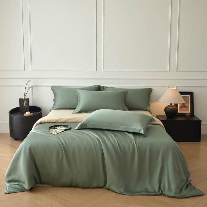 91家纺网 家纺一手货源 找家纺 涵宸2025新款天丝-天丝棉-纯色四件套-场景1 赛琳绿+奶茶杏