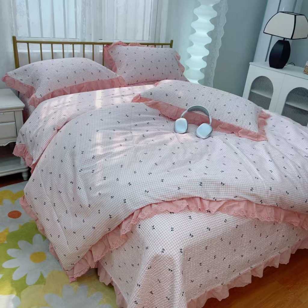 91家纺网 家纺一手货源 找家纺 暖居 2025春夏款高温砂洗棉花床盖三件套被套四件套同款纯棉夏被空调被四季 点点蝴蝶结